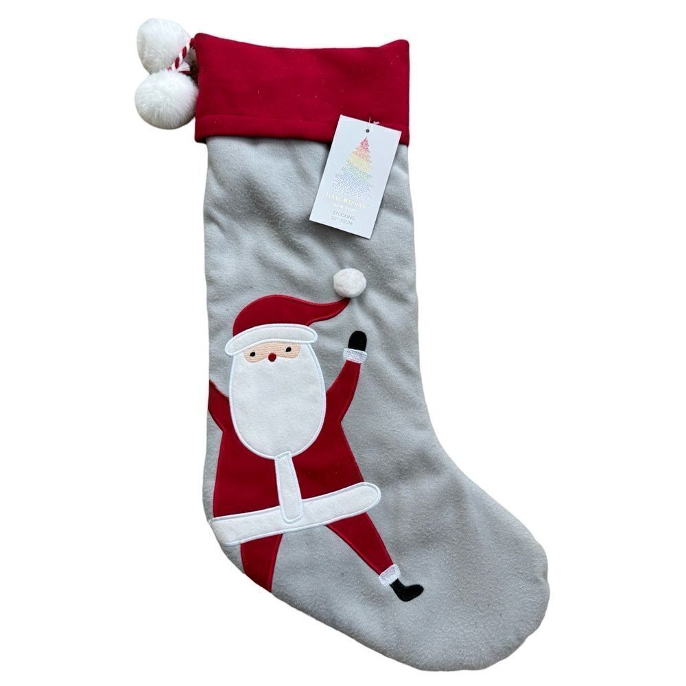 Isaac Mizrahi Dancing Santa with Pom Poms Gray Christmas Stocking NWT
